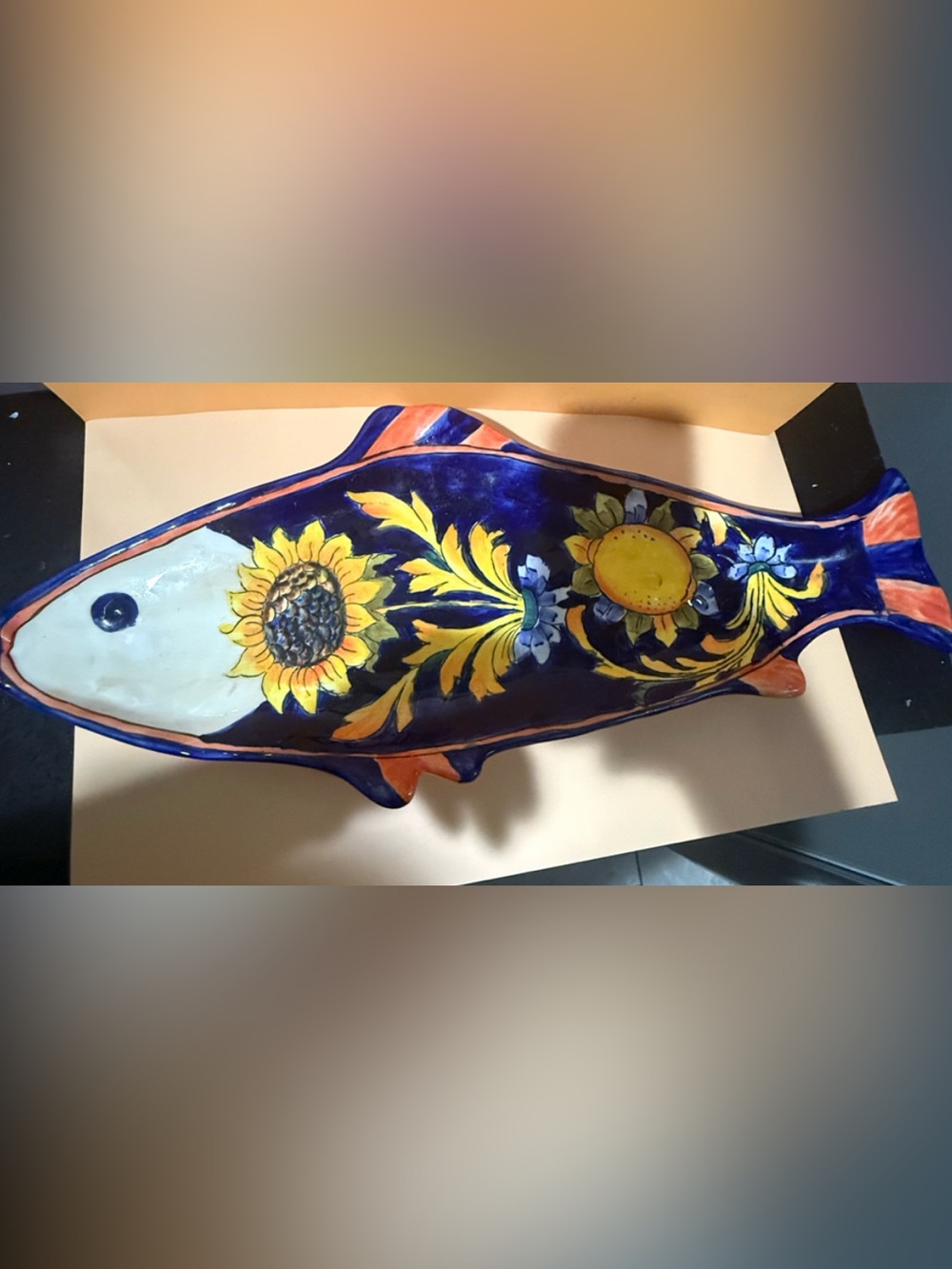 Hand-Painted Ceramic Fish Platter - Blue & Yellow -19 1/2”